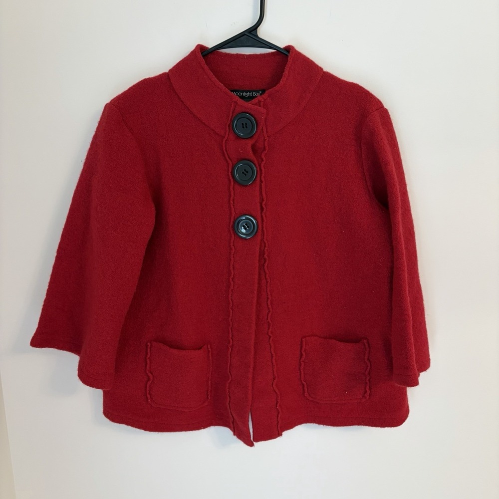 Moonlight Bay 100% Wool Women's Large Red Sweater Pockets Buttons‎ 3/4 Sleeve - Picture 4 of 6